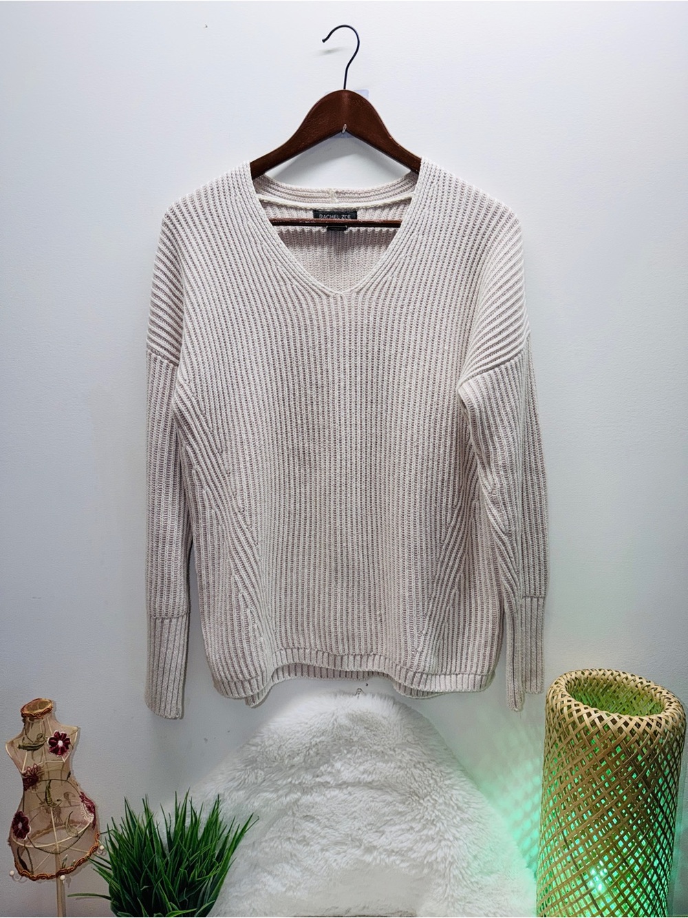 60% Cotton Racheal Zoe Cozy Cream V-Neck Ribbed Knit Soft Cabincore Sweater 🔥